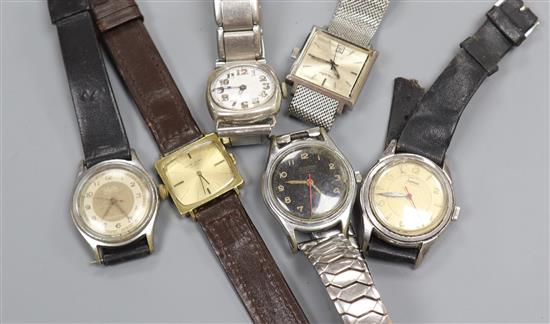 Six gentlemens assorted wrist watches including Bucherer and Favre Leuba.